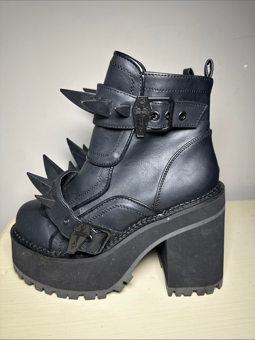 Demonia Assault-72 Black Platform Ankle Boots with Studded Straps Heels